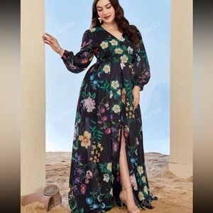 Toleen Plus Floral dress Lantern Sleeve Split Thigh Chiffon 4x fits like 2x